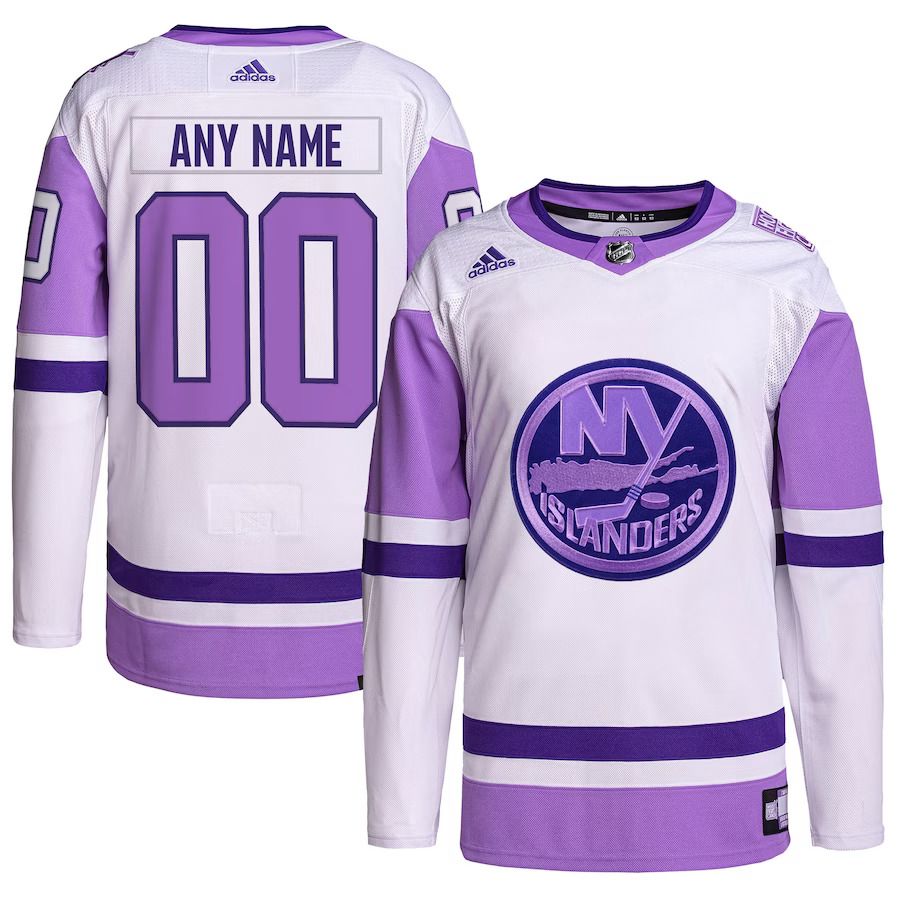 Men New York Islanders adidas White Purple Hockey Fights Cancer Primegreen Authentic Custom NHL Jersey